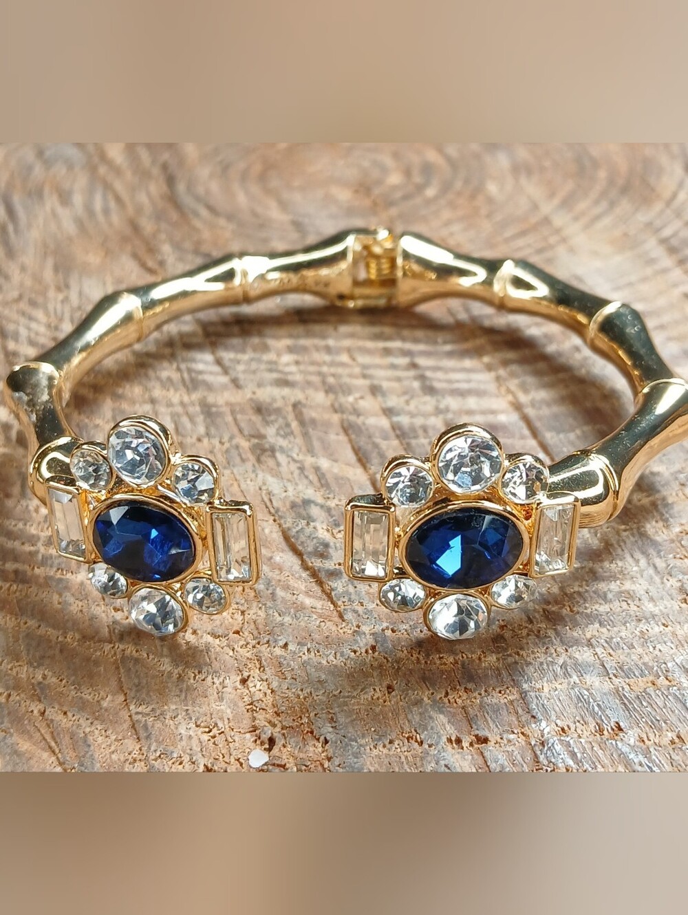 Lilly Pulitzer Gold Tone Bamboo  Blue Clear Rhinestone Clamper Bracelet 6.75"
